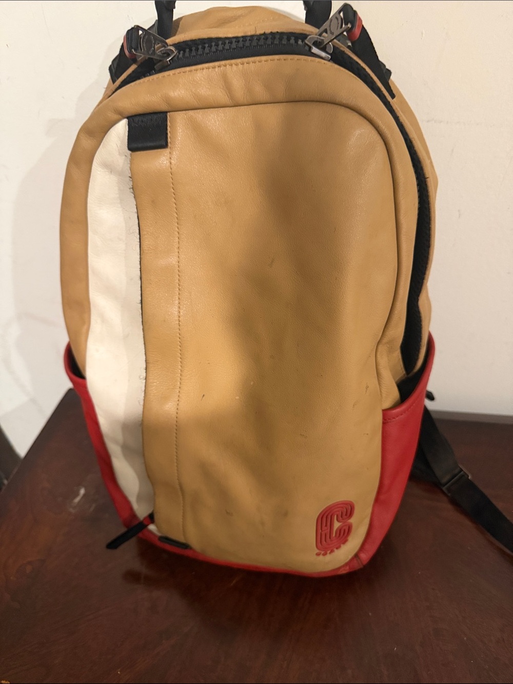 Men's Two-Tone Leather Backpack in Tan, Red & White
